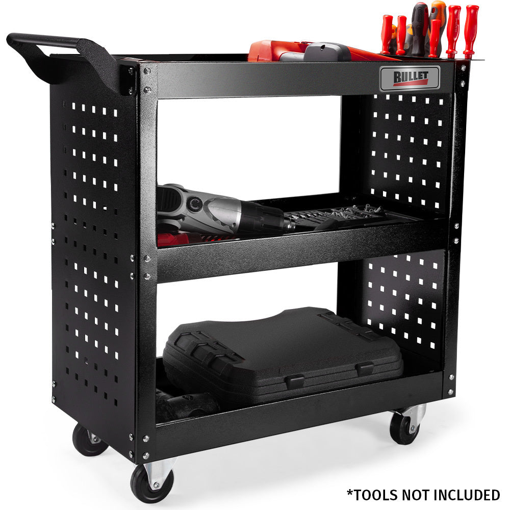 NNEMB 3-Tier Steel Tool Trolley Cart-for Workshop-Mechanic-with Pegboard-Screwdriver Bay-Black