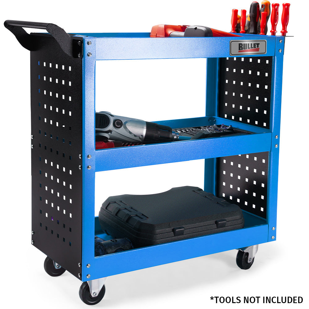 NNEMB 3-Tier Steel Tool Trolley Cart-for Workshop-Mechanic-with Pegboard-Screwdriver Bay-Blue
