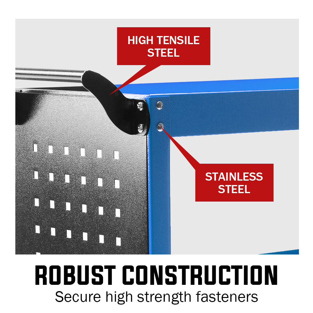 NNEMB 3-Tier Steel Tool Trolley Cart-for Workshop-Mechanic-with Pegboard-Screwdriver Bay-Blue