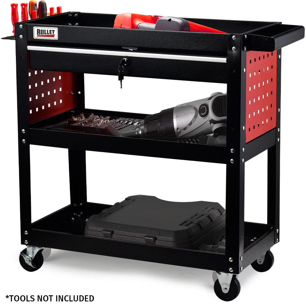 NNEMB 3-Tier Steel Tool Trolley Cart-for Workshop-Mechanic-with Drawer-Pegboard-Screwdriver Bay-Black/Red