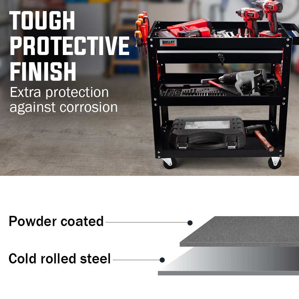 NNEMB 3-Tier Steel Tool Trolley Cart-for Workshop-Mechanic-with Drawer-Pegboard-Screwdriver Bay-Black/Red