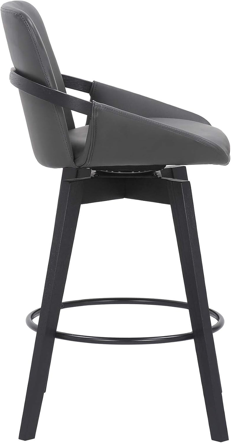 Baylor Mid Century Modern Swivel Bar Stool for Kitchen Island Counter in Gray Faux Leather and Black Wood, 26" Seat Height-3