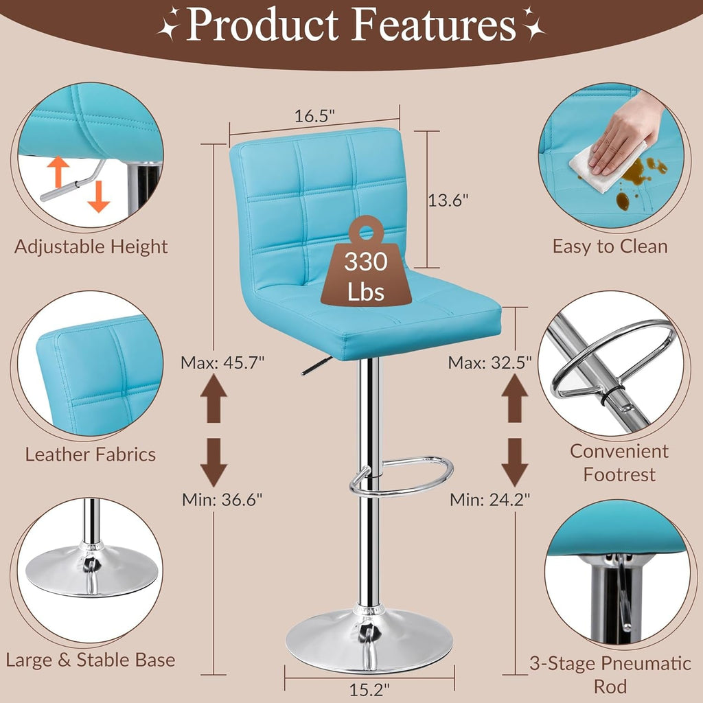 Set of 4 Adjustable Swivel Barstools, Modern PU Leather Kitchen Counter Bar Stools, Square Back Bar Stool (Blue)-3