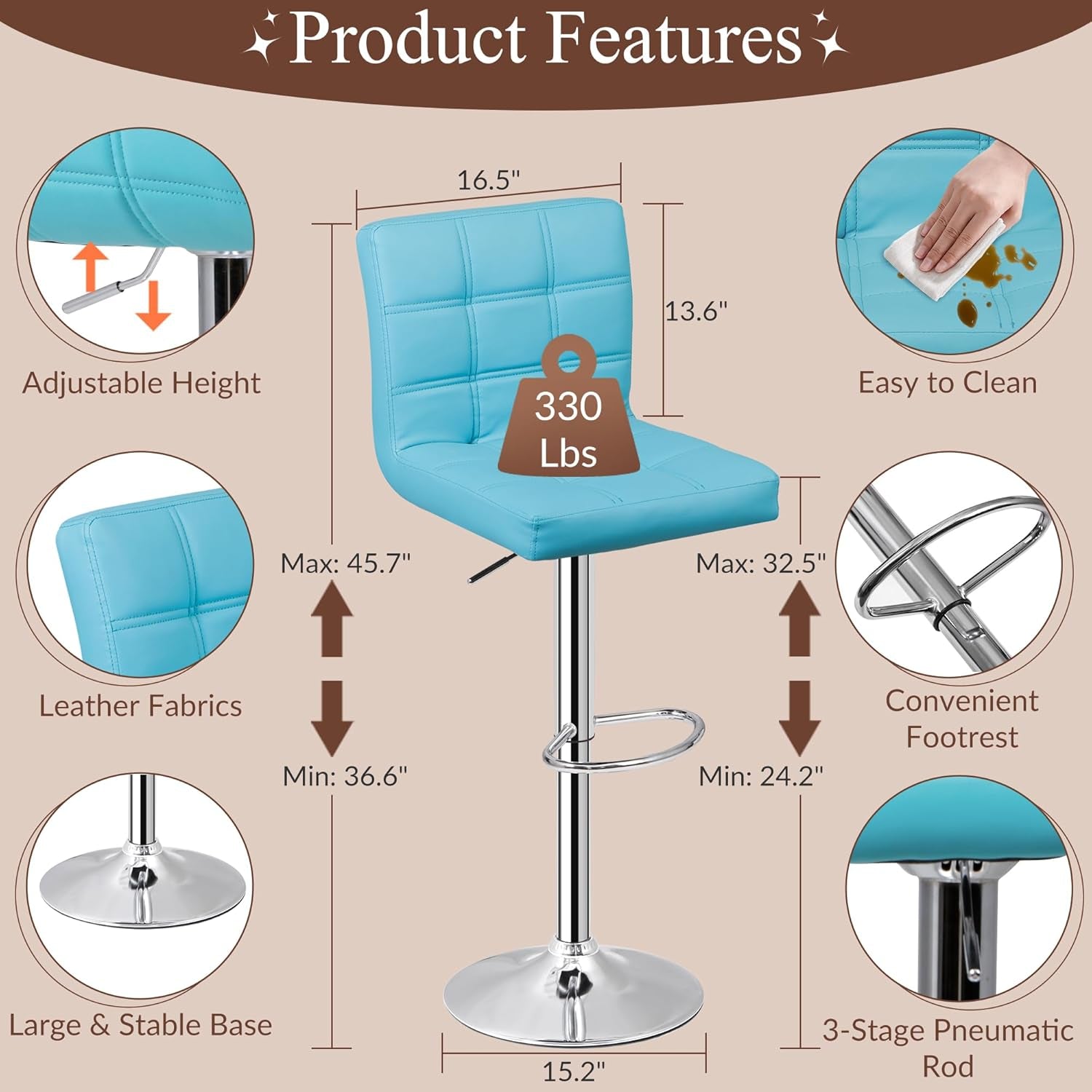 Set of 4 Adjustable Swivel Barstools, Modern PU Leather Kitchen Counter Bar Stools, Square Back Bar Stool (Blue)-3