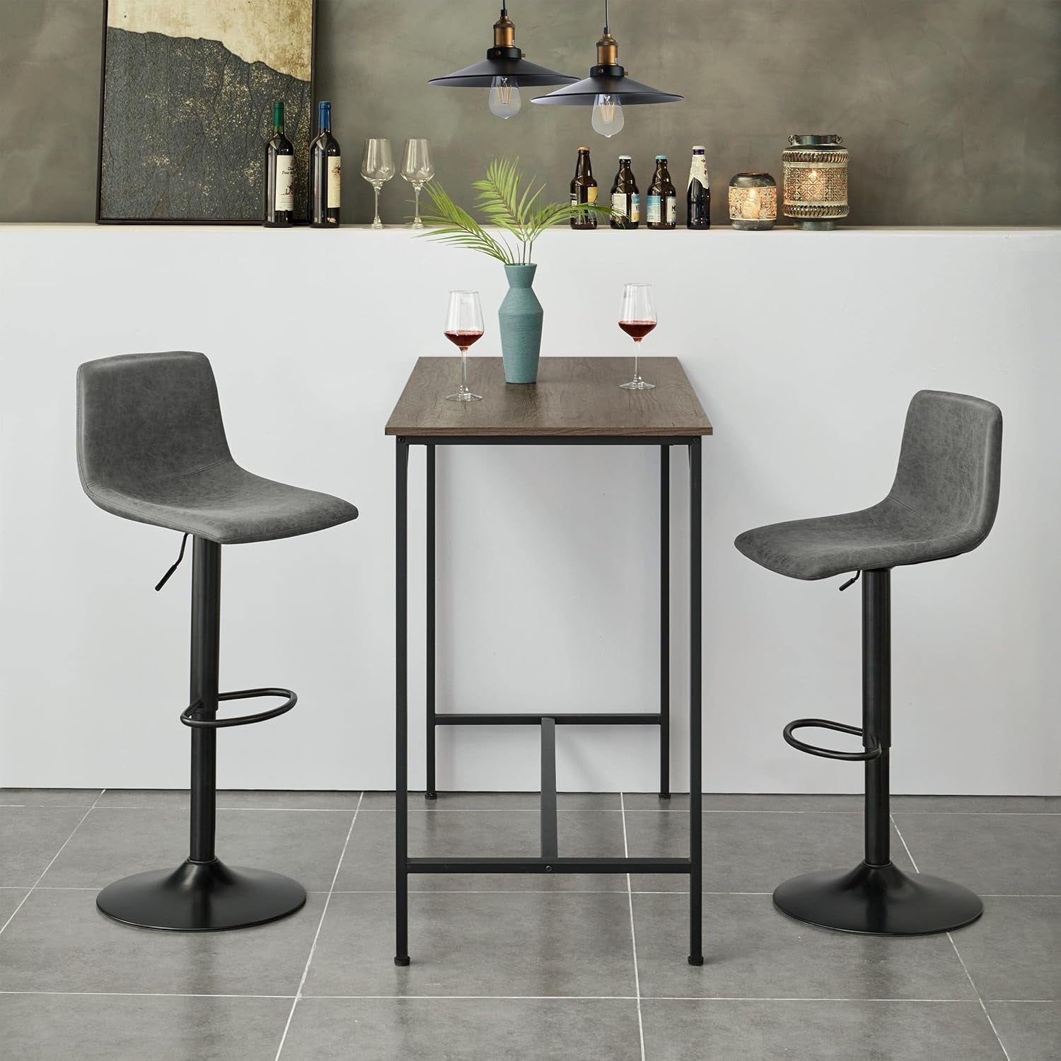 Bar Stools Set of 2, Armless Adjustable Swivel Barstools with Back and Footrest, PU Leather Counter Height Bar Chairs for Kitchen Island, Bar, Dining Room, Gray-1