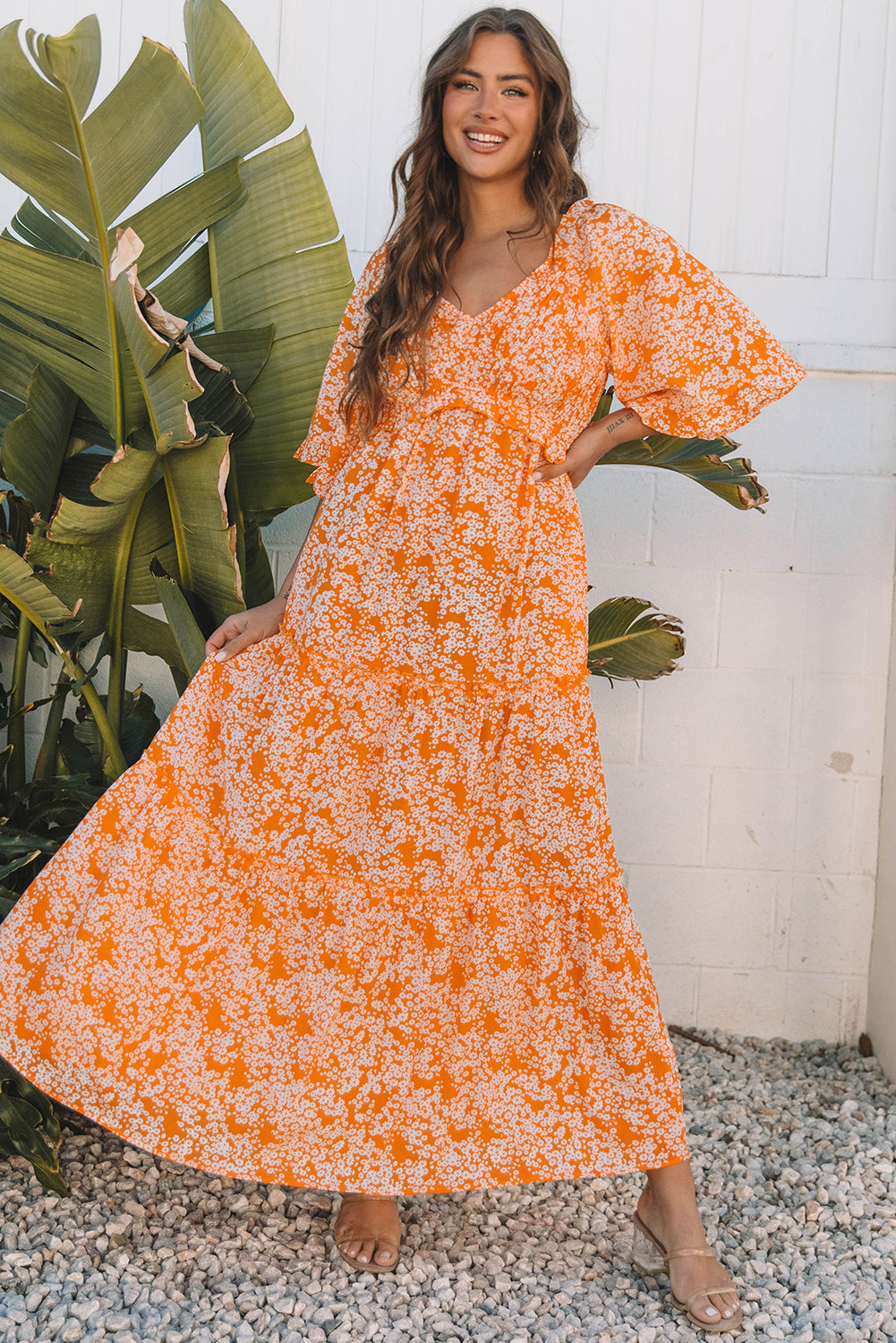 Eileen Floral V Neck Wide Sleeve Maxi Dress-0