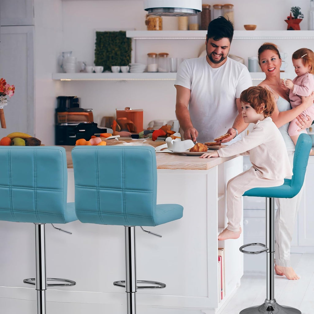 Set of 4 Adjustable Swivel Barstools, Modern PU Leather Kitchen Counter Bar Stools, Square Back Bar Stool (Blue)-2