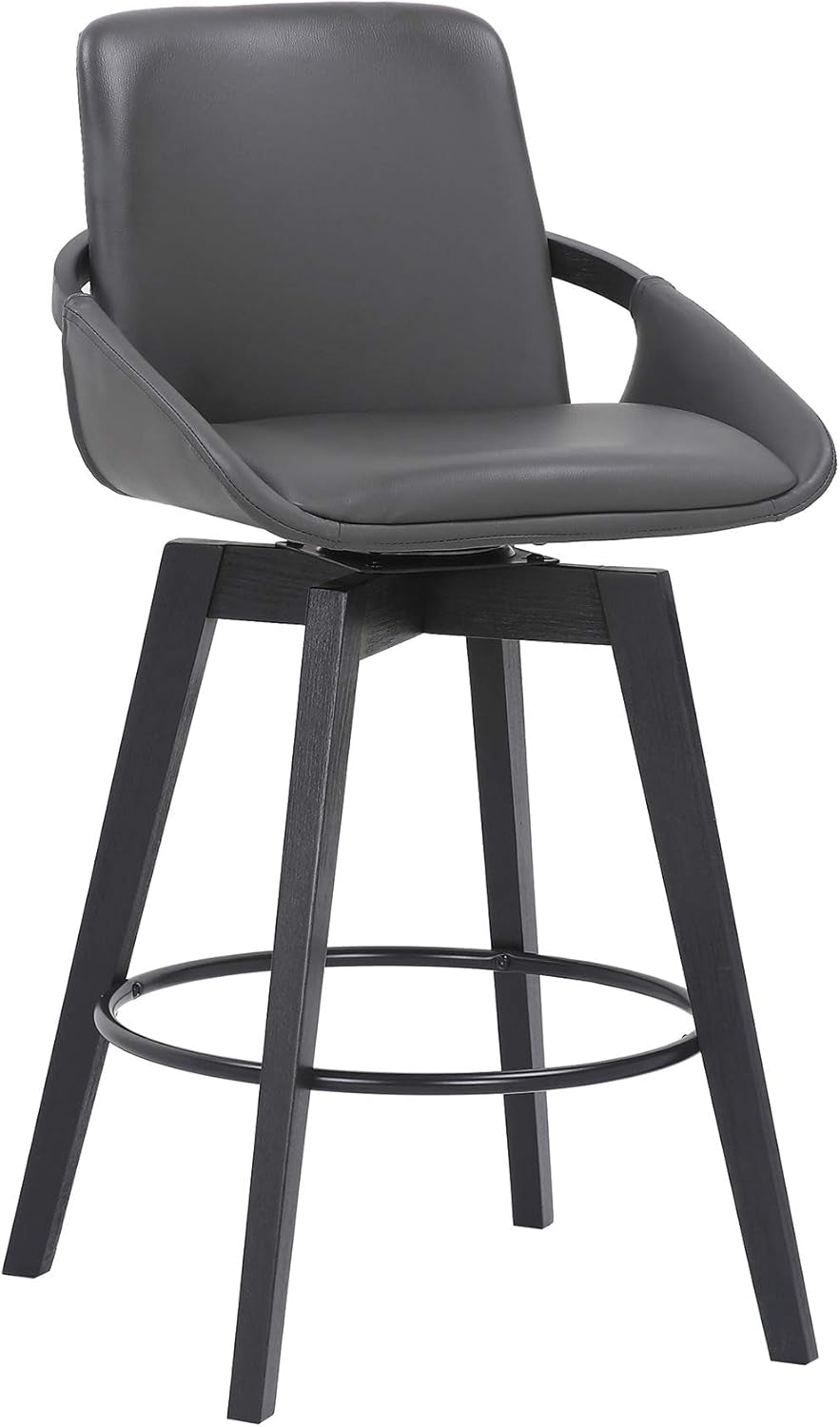 Baylor Mid Century Modern Swivel Bar Stool for Kitchen Island Counter in Gray Faux Leather and Black Wood, 26" Seat Height-0
