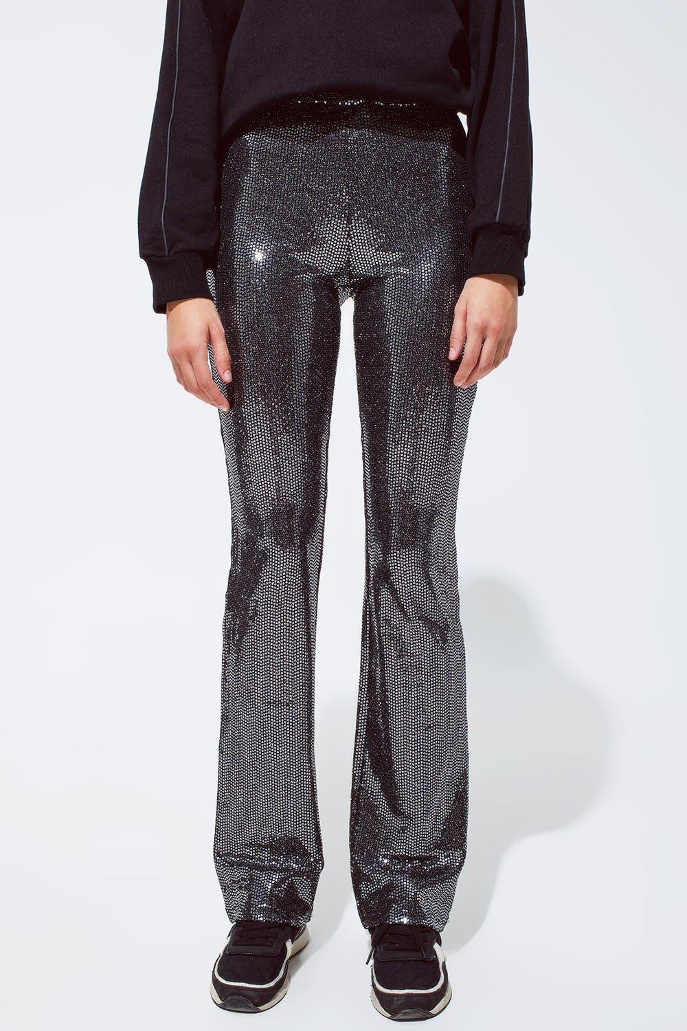 Metallic Fabric Flare Leggings in Silver Sequin