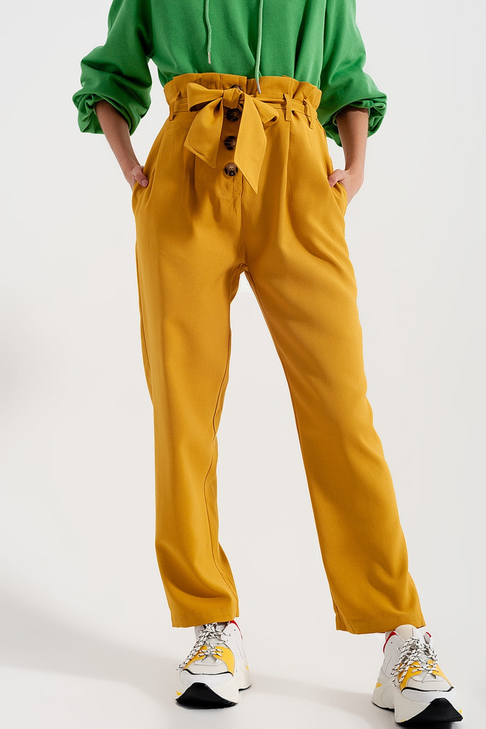 High Waist Belted Trousers in Yellow