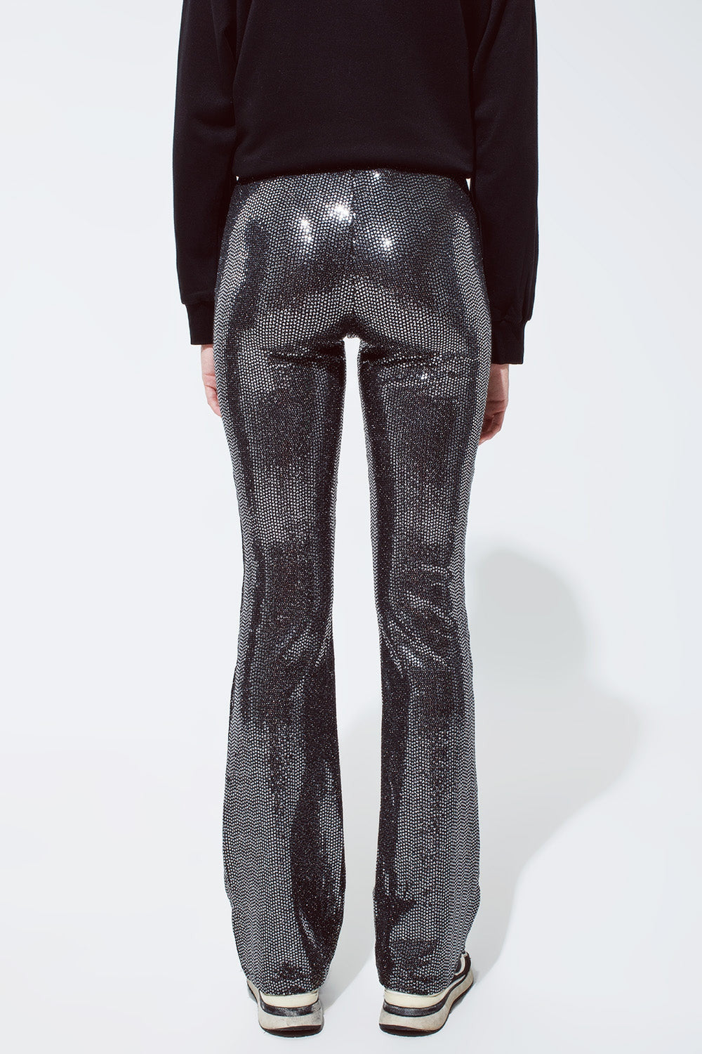 Metallic Fabric Flare Leggings in Silver Sequin