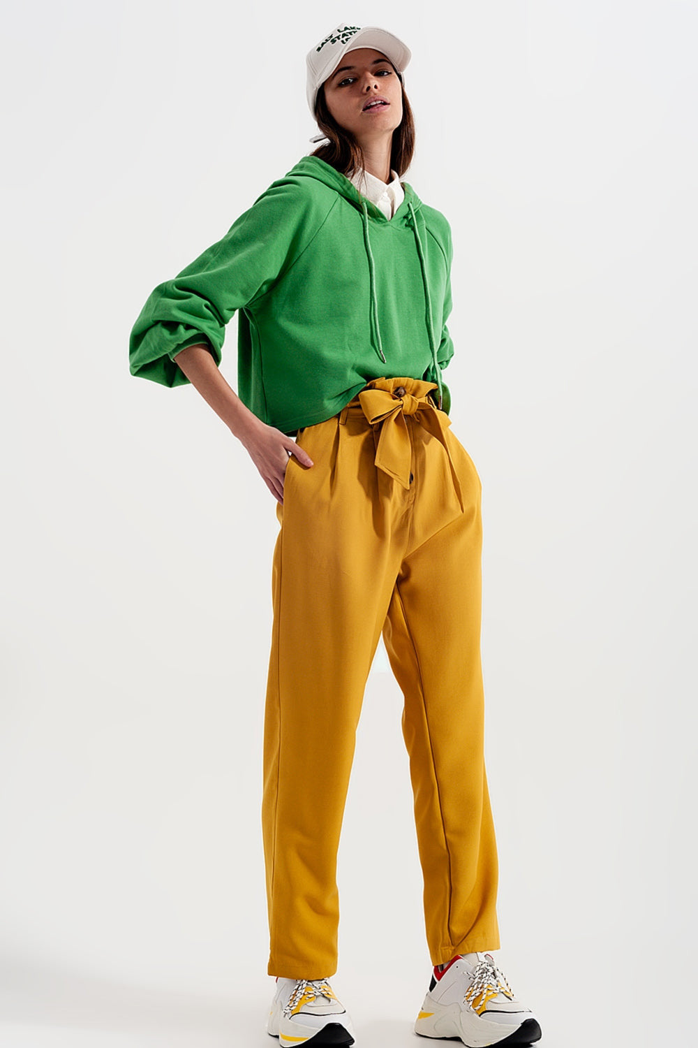 High Waist Belted Trousers in Yellow