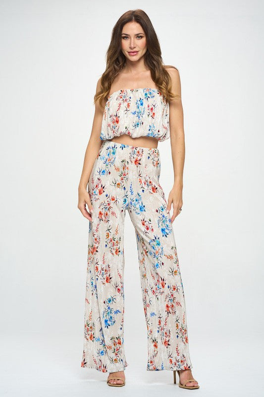 Print Plisse Straight Pants