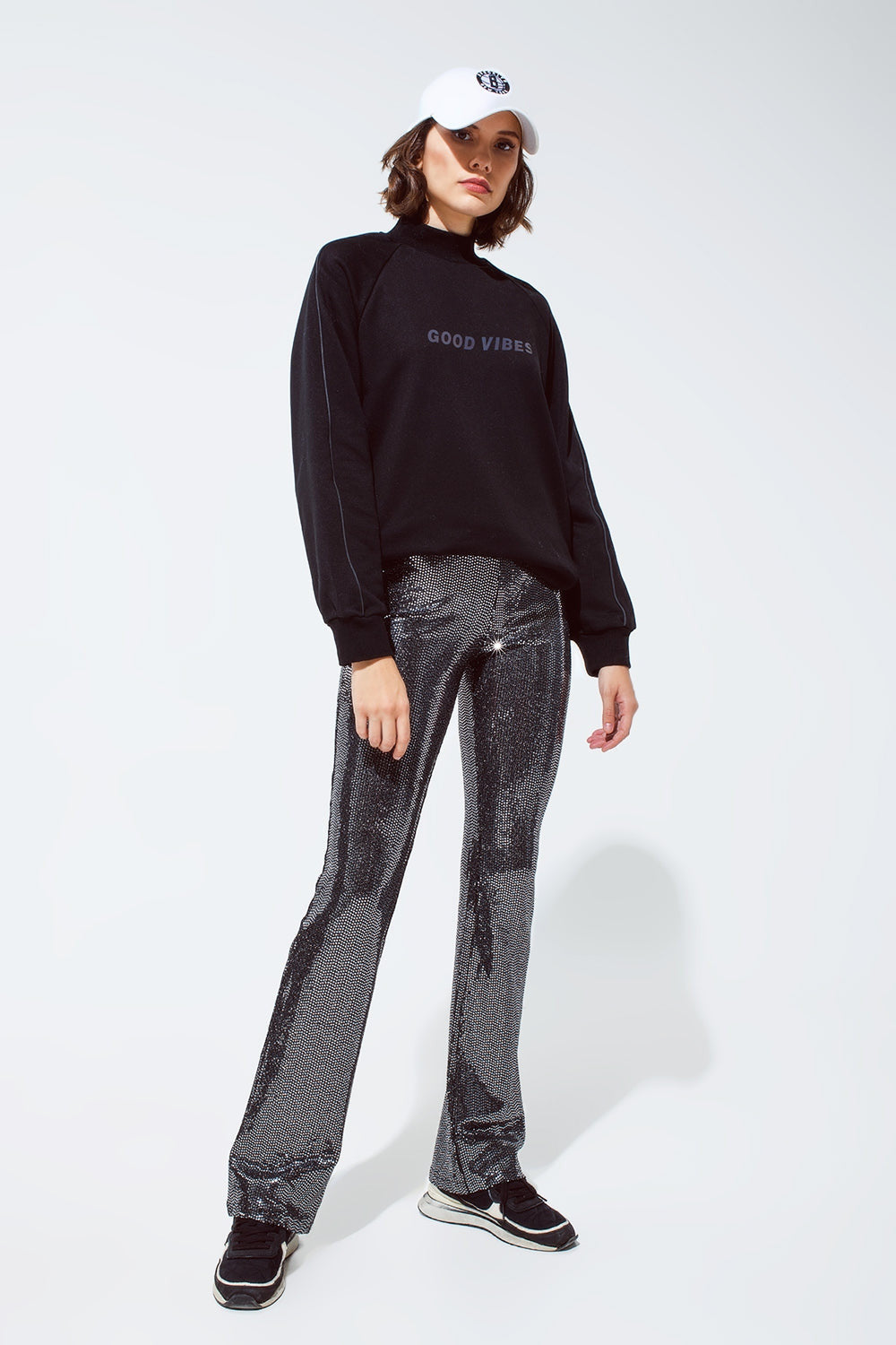 Metallic Fabric Flare Leggings in Silver Sequin