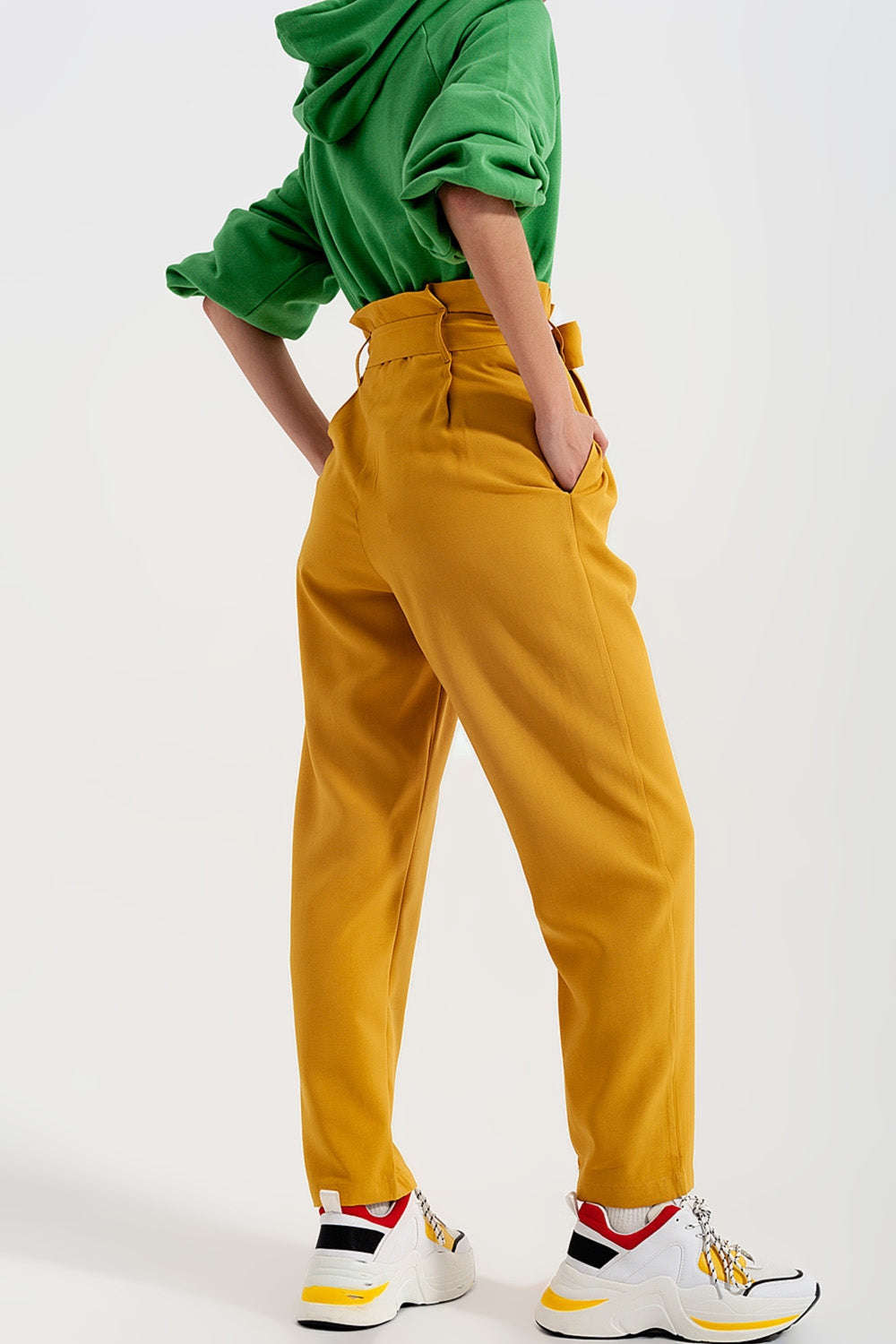 High Waist Belted Trousers in Yellow