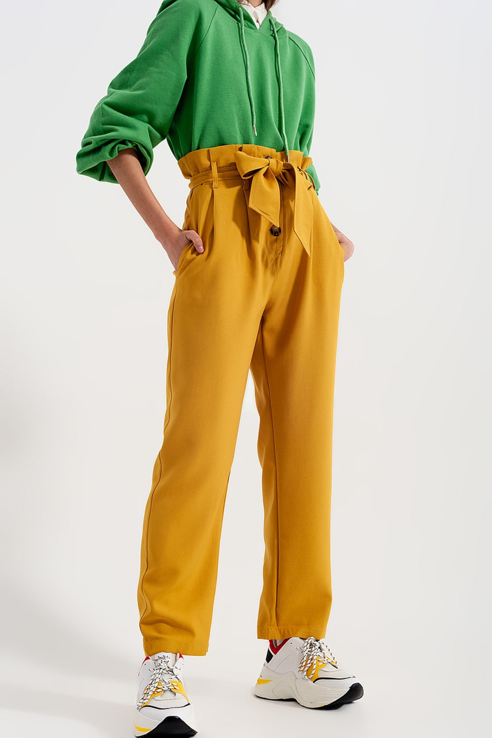 High Waist Belted Trousers in Yellow