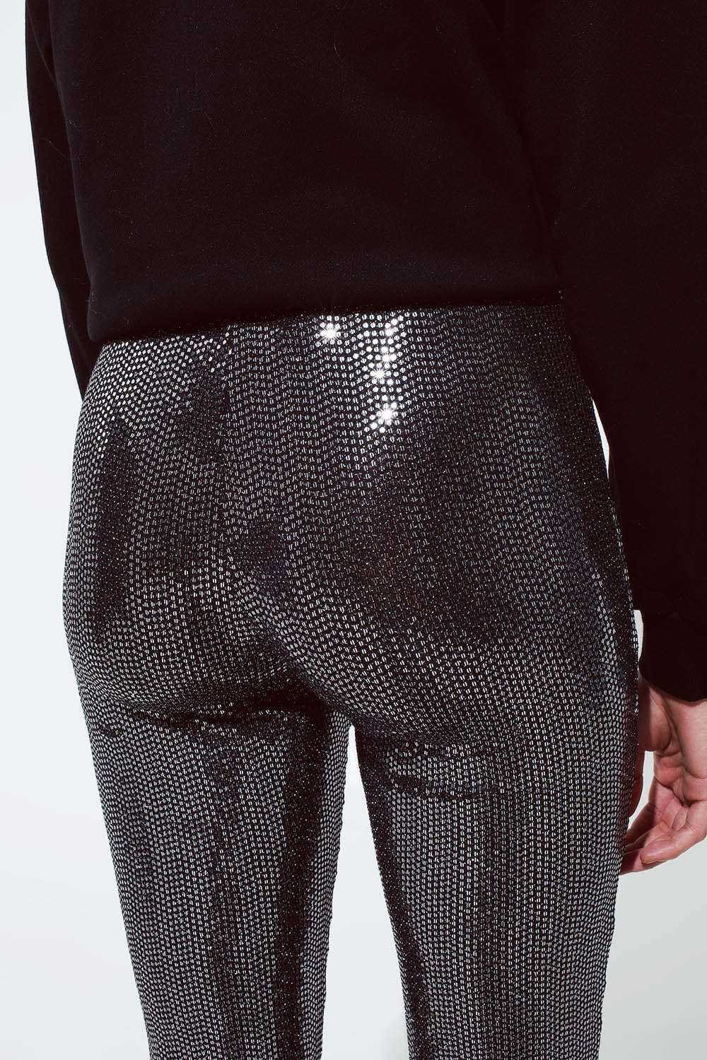 Metallic Fabric Flare Leggings in Silver Sequin