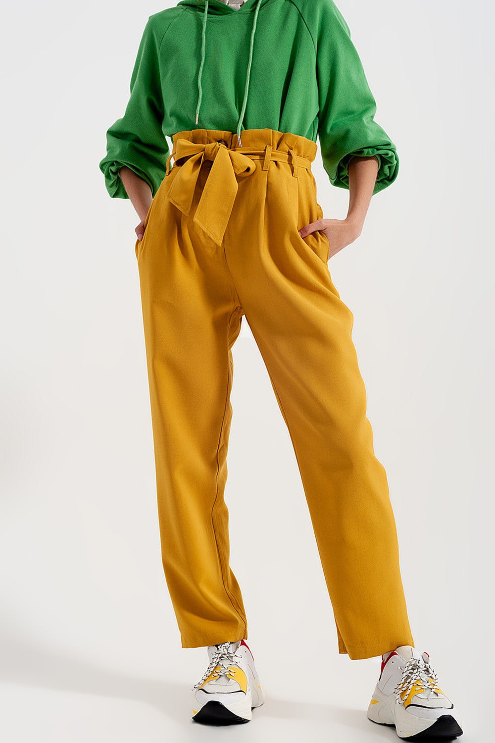 High Waist Belted Trousers in Yellow