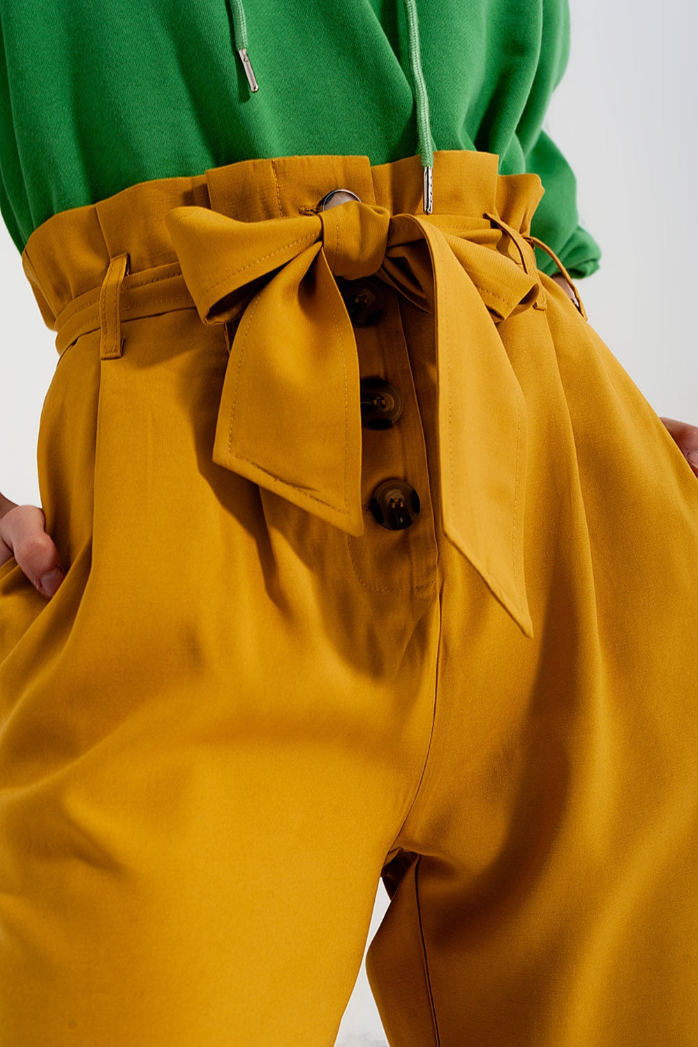 High Waist Belted Trousers in Yellow