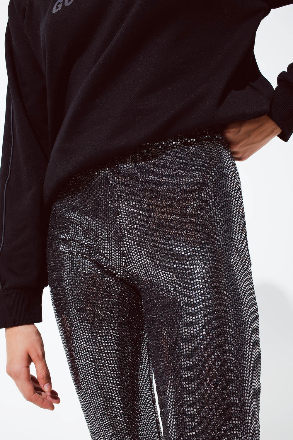 Metallic Fabric Flare Leggings in Silver Sequin