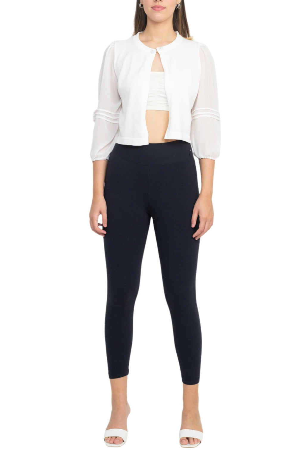 Nina Leonard Crew Neck Closure Knit Bodice 3/4 Chiffon Sleeve Solid Jacket