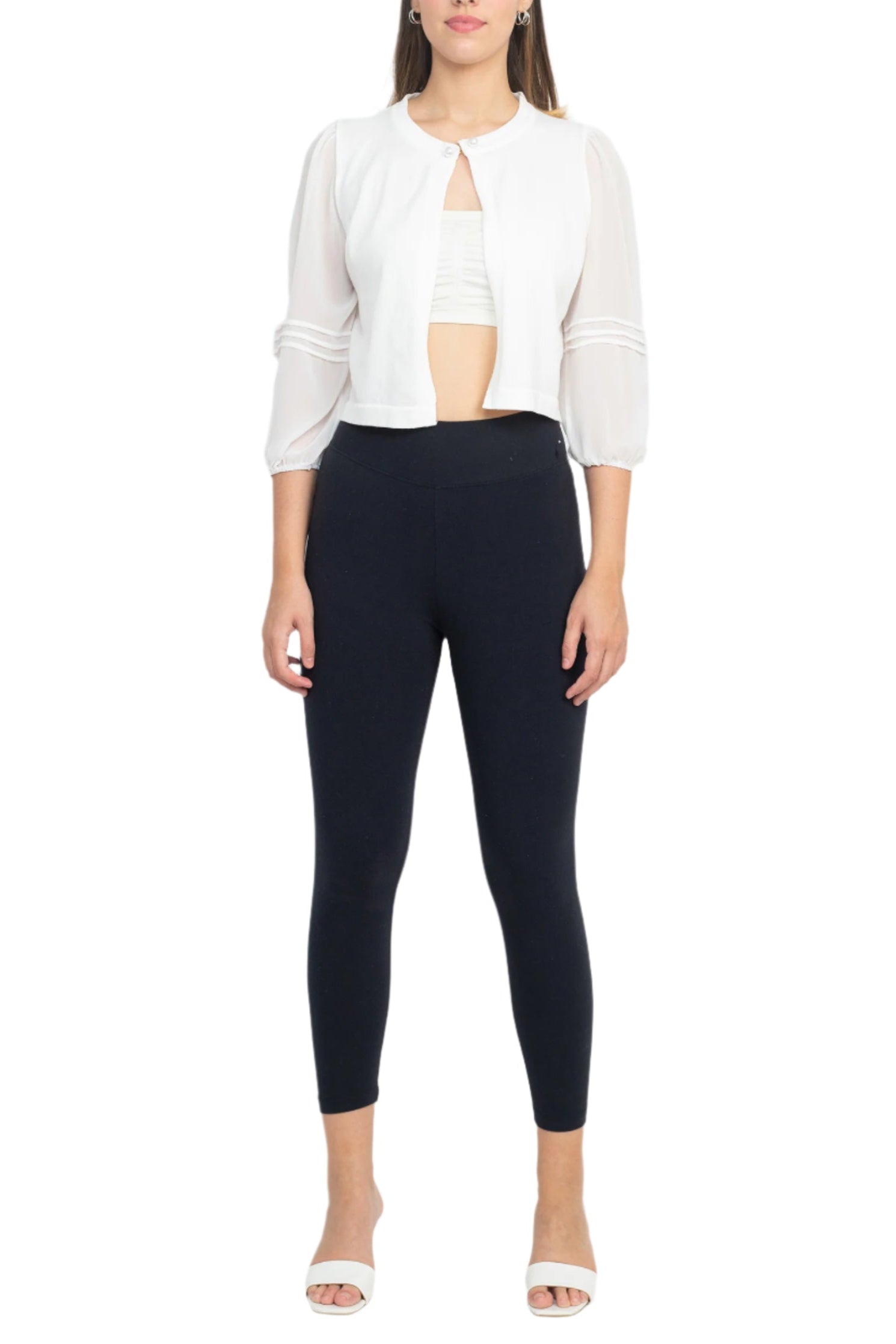 Nina Leonard Crew Neck Closure Knit Bodice 3/4 Chiffon Sleeve Solid Jacket