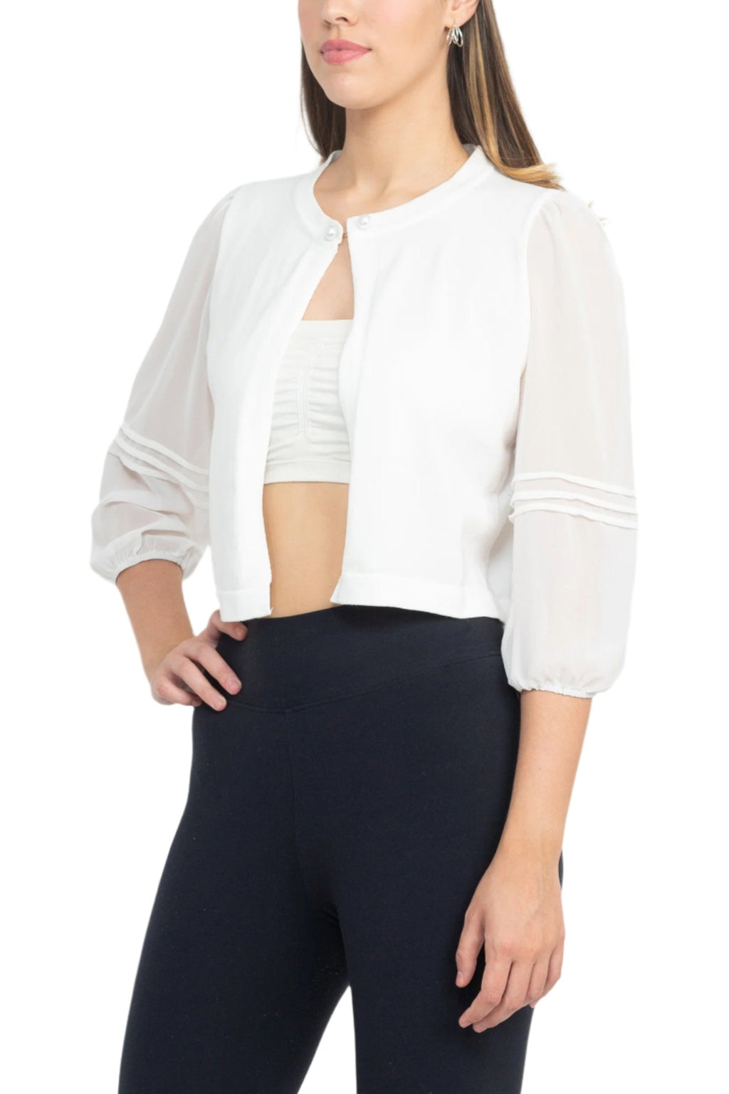 Nina Leonard Crew Neck Closure Knit Bodice 3/4 Chiffon Sleeve Solid Jacket