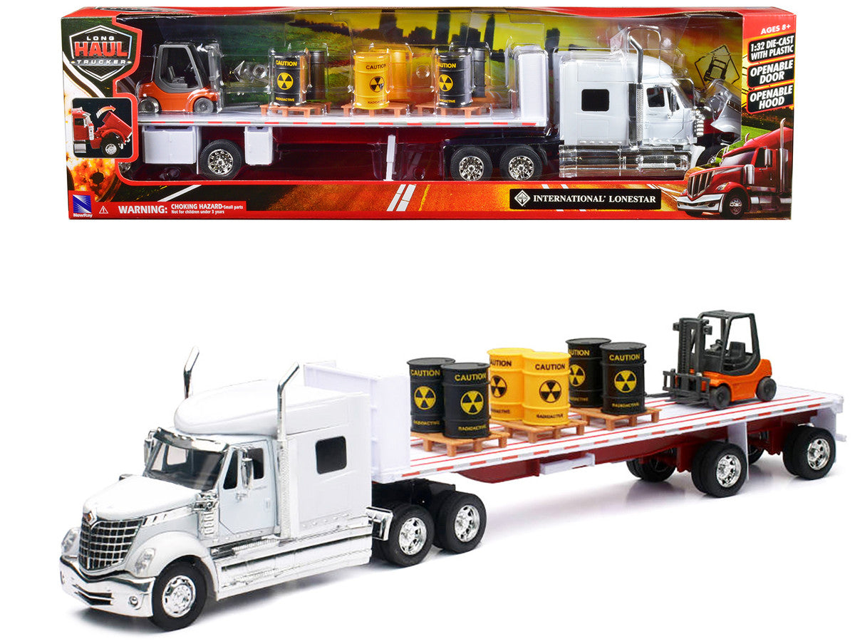 International Lonestar Flatbed Truck White with 6 Toxic Barrels 3 Pallets and Forklift "Long Haul Trucker" Series 1/32 Diecast Model by New Ray-0