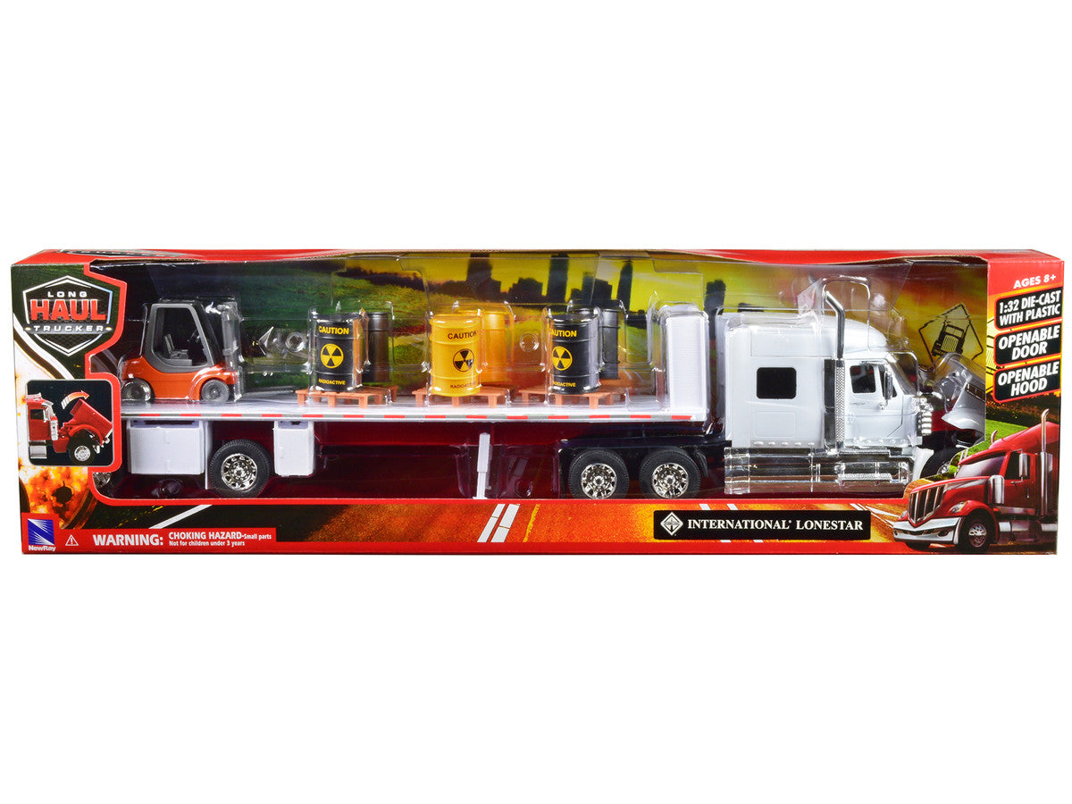 International Lonestar Flatbed Truck White with 6 Toxic Barrels 3 Pallets and Forklift "Long Haul Trucker" Series 1/32 Diecast Model by New Ray-2