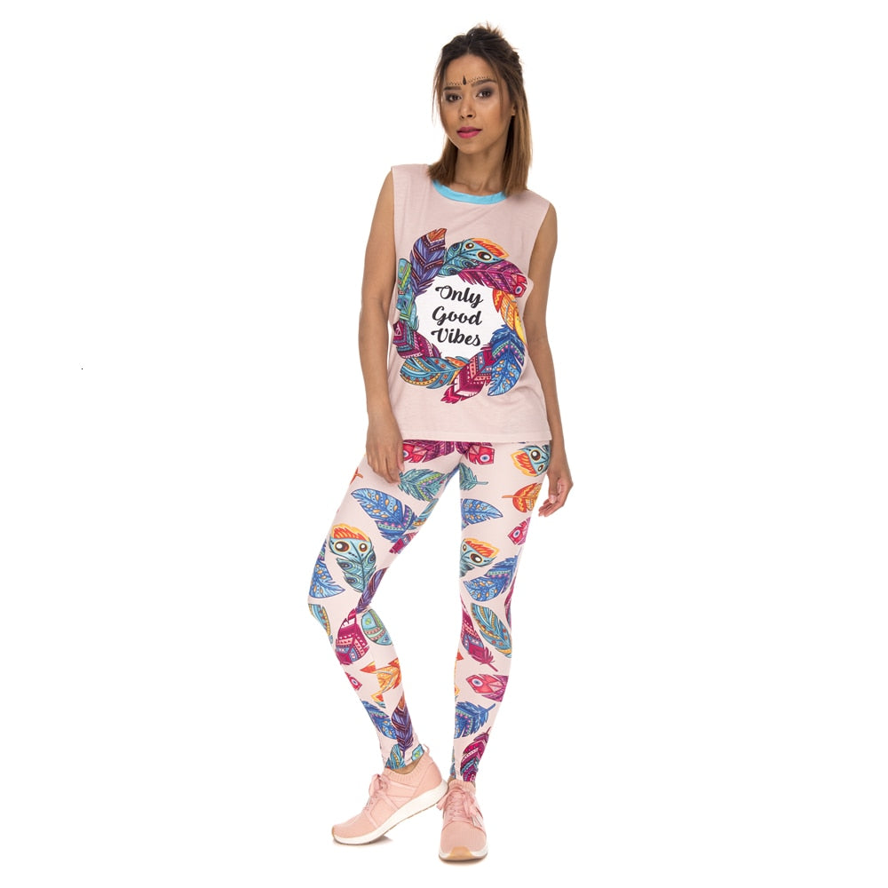 Women Legins Feathers Vibes Printing Blue Sexy Slim Legging Woman High Waist Leggings