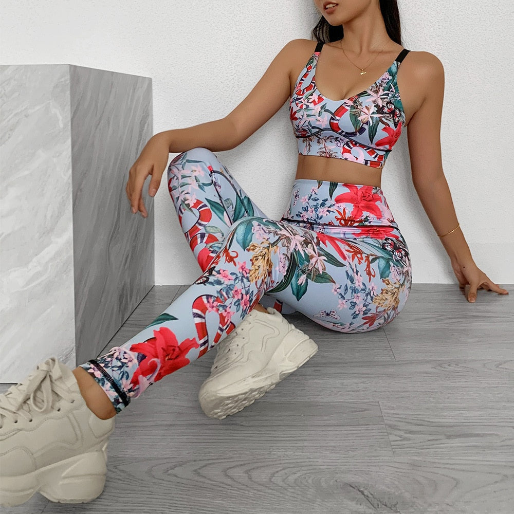 Seamless Floral Print Sports Yoga Set Gym Fitness Tracksuit Fashion Tank Top Leggings Suit Jogging Workout Training Clothing