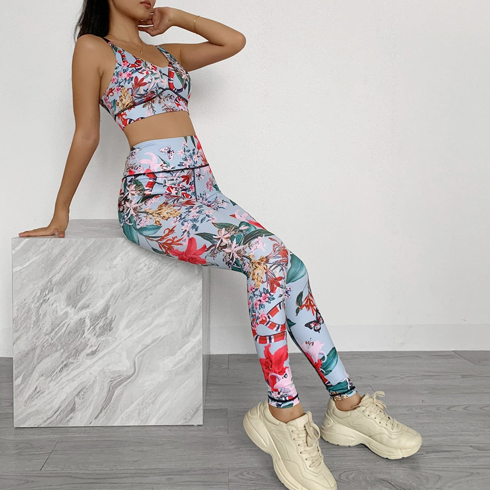 Seamless Floral Print Sports Yoga Set Gym Fitness Tracksuit Fashion Tank Top Leggings Suit Jogging Workout Training Clothing
