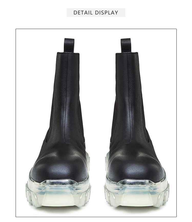 Woman‘s Chelsea Boots Black Genuine Leather Round Toe England Handsome ANKLE Boots Mid Heel Black Platform Shoe