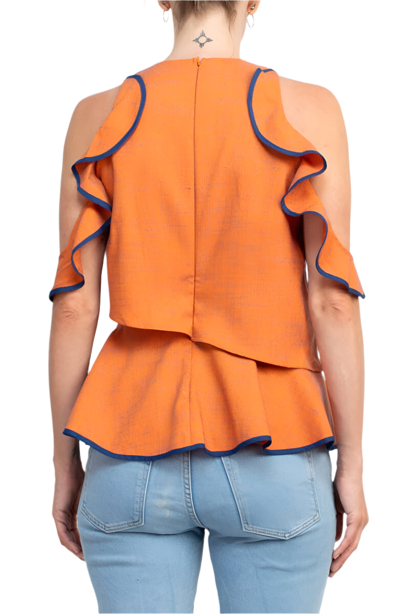 WHY Dress Crew Neck Ruffled Sleeveless Zipper Back Piping Detail Popover Crepe Top