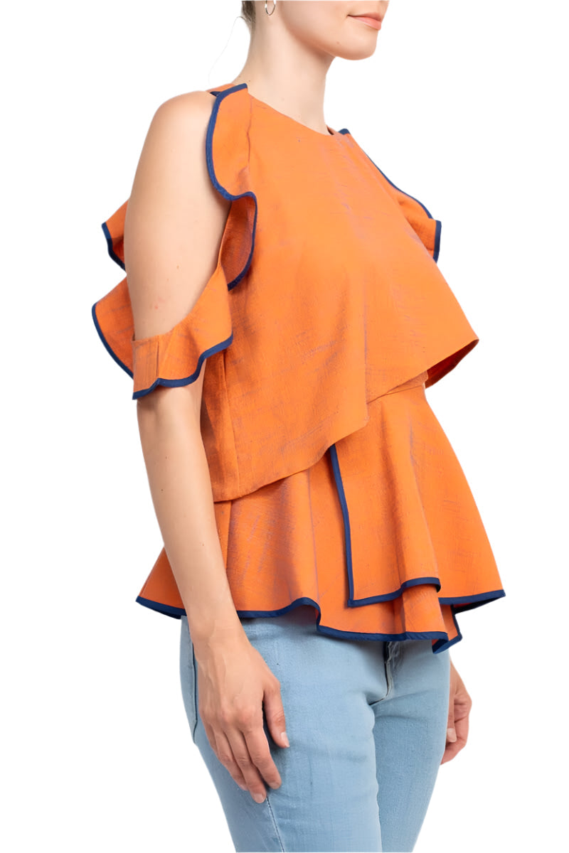 WHY Dress Crew Neck Ruffled Sleeveless Zipper Back Piping Detail Popover Crepe Top