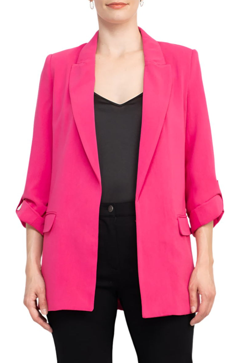 T Tahari Lapel Collar 3/4 Roll Sleeve Open Front Woven Jacket