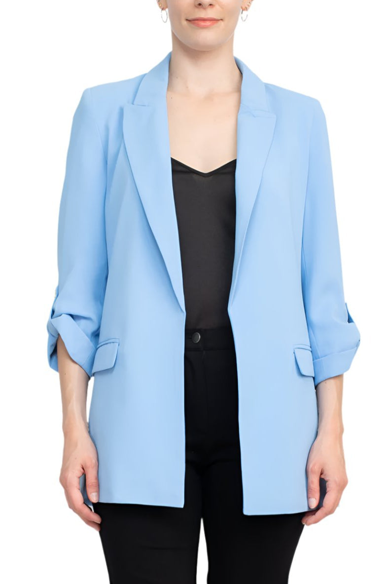 T Tahari Lapel Collar 3/4 Roll Sleeve Open Front Woven Jacket