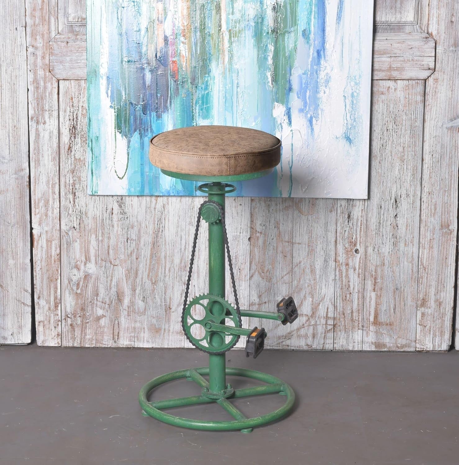 Vintage DIY Bar Stool Bicycle Chain Iron Pedal Retro Industrial Height Adjustable Bicycle Wheel Design Bar Chair Set of 2 Antique Green-1