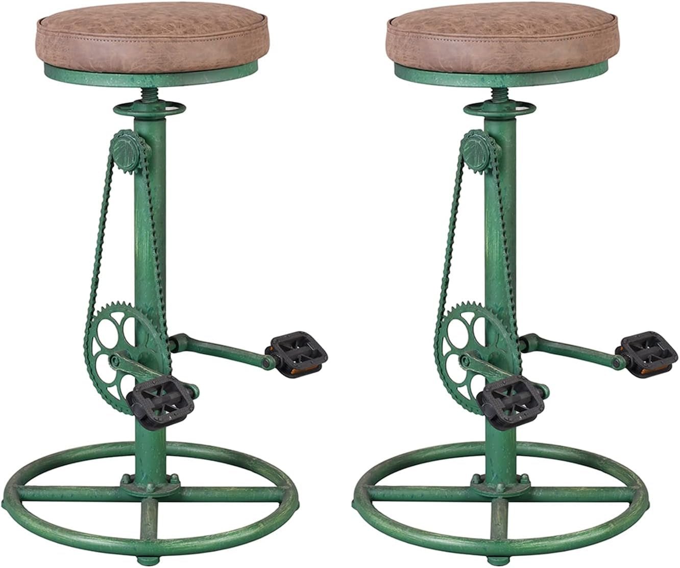 Vintage DIY Bar Stool Bicycle Chain Iron Pedal Retro Industrial Height Adjustable Bicycle Wheel Design Bar Chair Set of 2 Antique Green-0