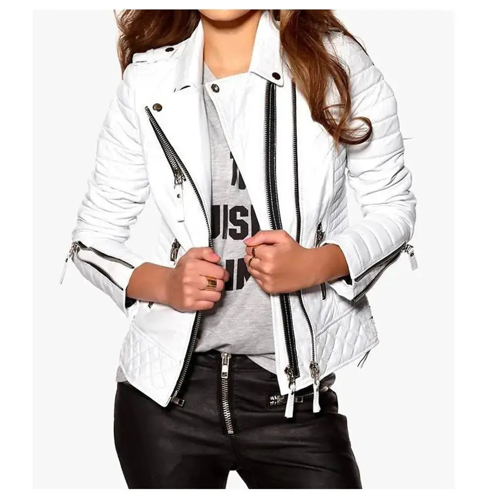 Women's White Slim Fit Soft Leather Biker Jacket