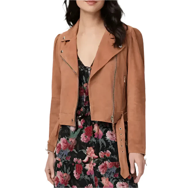 Women's Tan Brown Suede Leather Biker Jacket