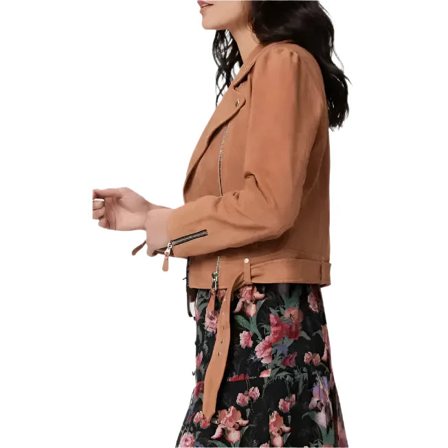Women's Tan Brown Suede Leather Biker Jacket